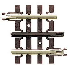 O SCALE 1 3/4'' STRAIGHT Item# 6052 Premium Nickel Silver Track (Brown Ties) 4 pcs./blister
The scale-sized plastic brown track ties have a wood grain, the tie-plates have spikes, and the rail joiners have the bolt detail of real track.
To add to the realism, the center rail is blackened.